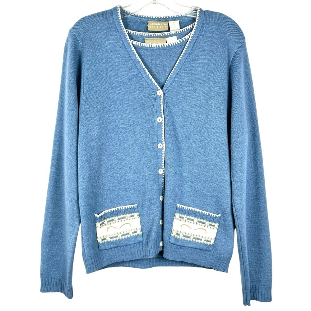 Vintage Y2K Liz Claiborne Lizwear Blue & Cream Wool-blend Sweater Set Size Large